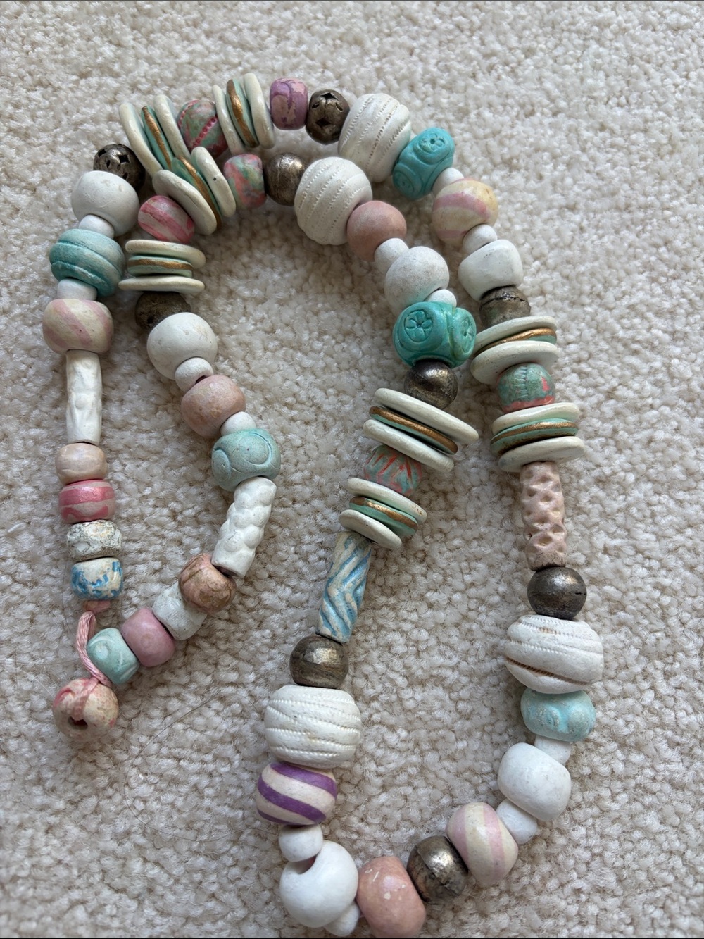 Handcrafted Pastel Ceramic Bead Necklace - White, Mint & Pink